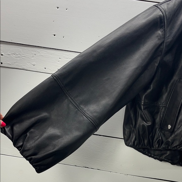 NWT Madewell Black Lambs Leather Crop Bubble Sleeve Jacket Size Large - Picture 8 of 8